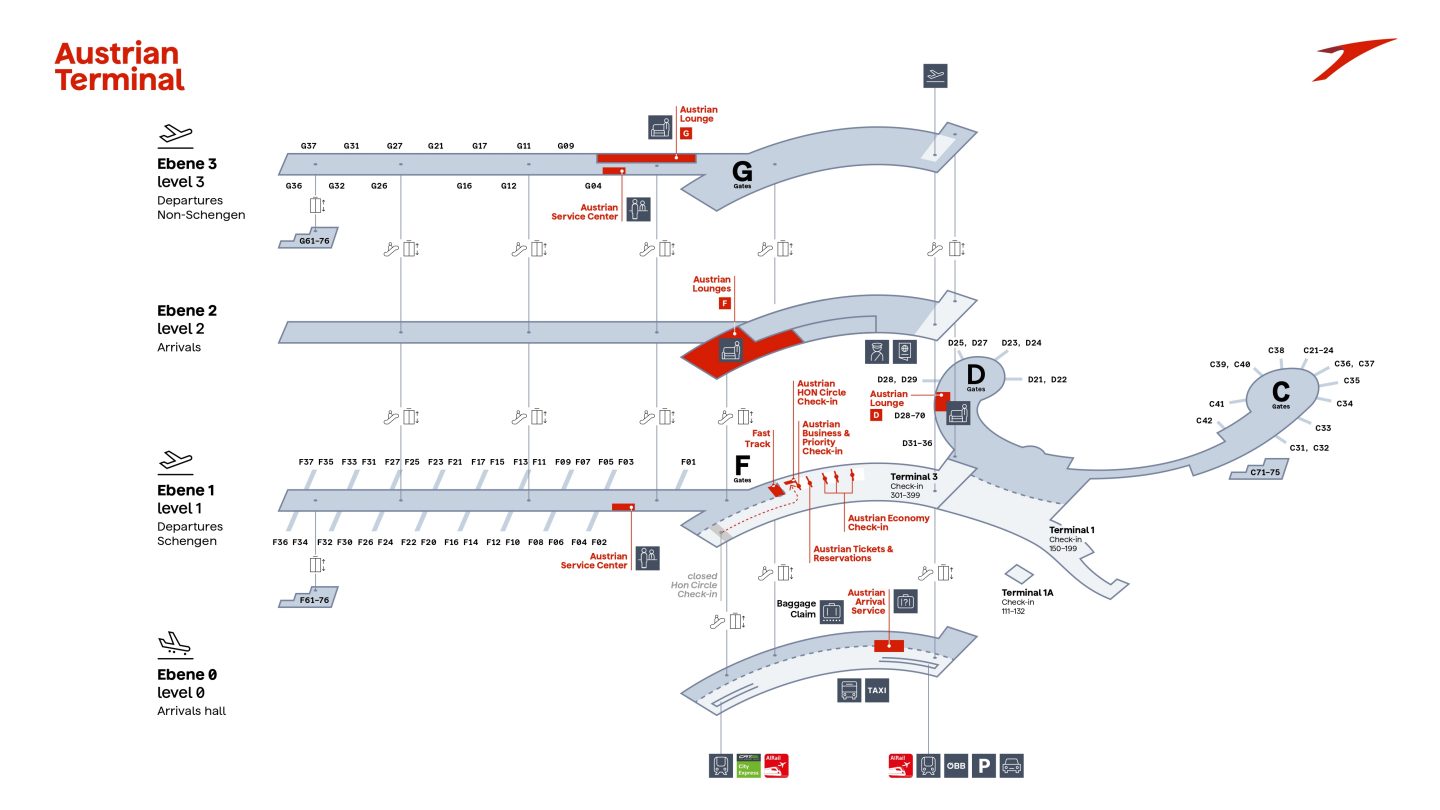 Stilisierte Übersichtskarte mit den Ebenen und den Standorten der Lounges am Flughafen Wien.