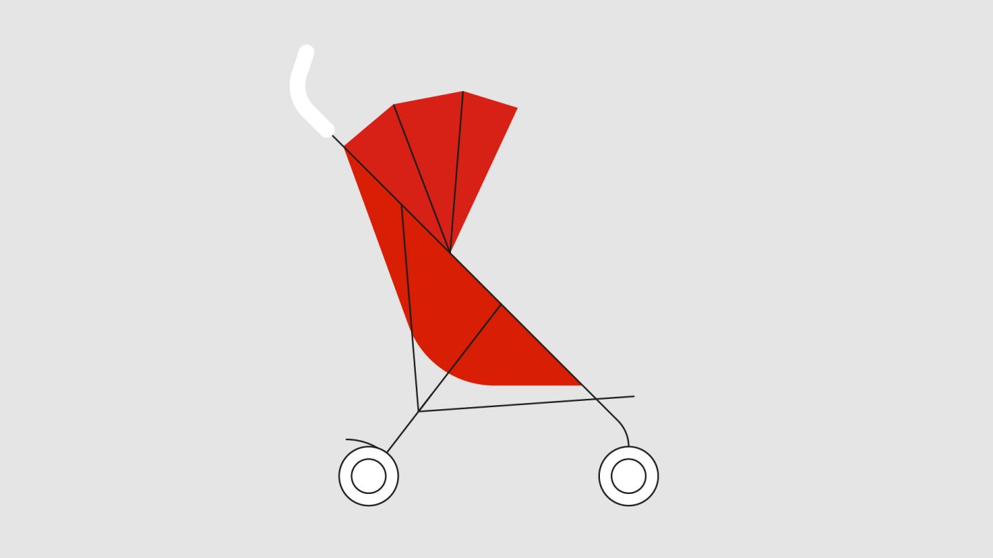 Minimalist illustration of a red stroller with white handle and wheels.