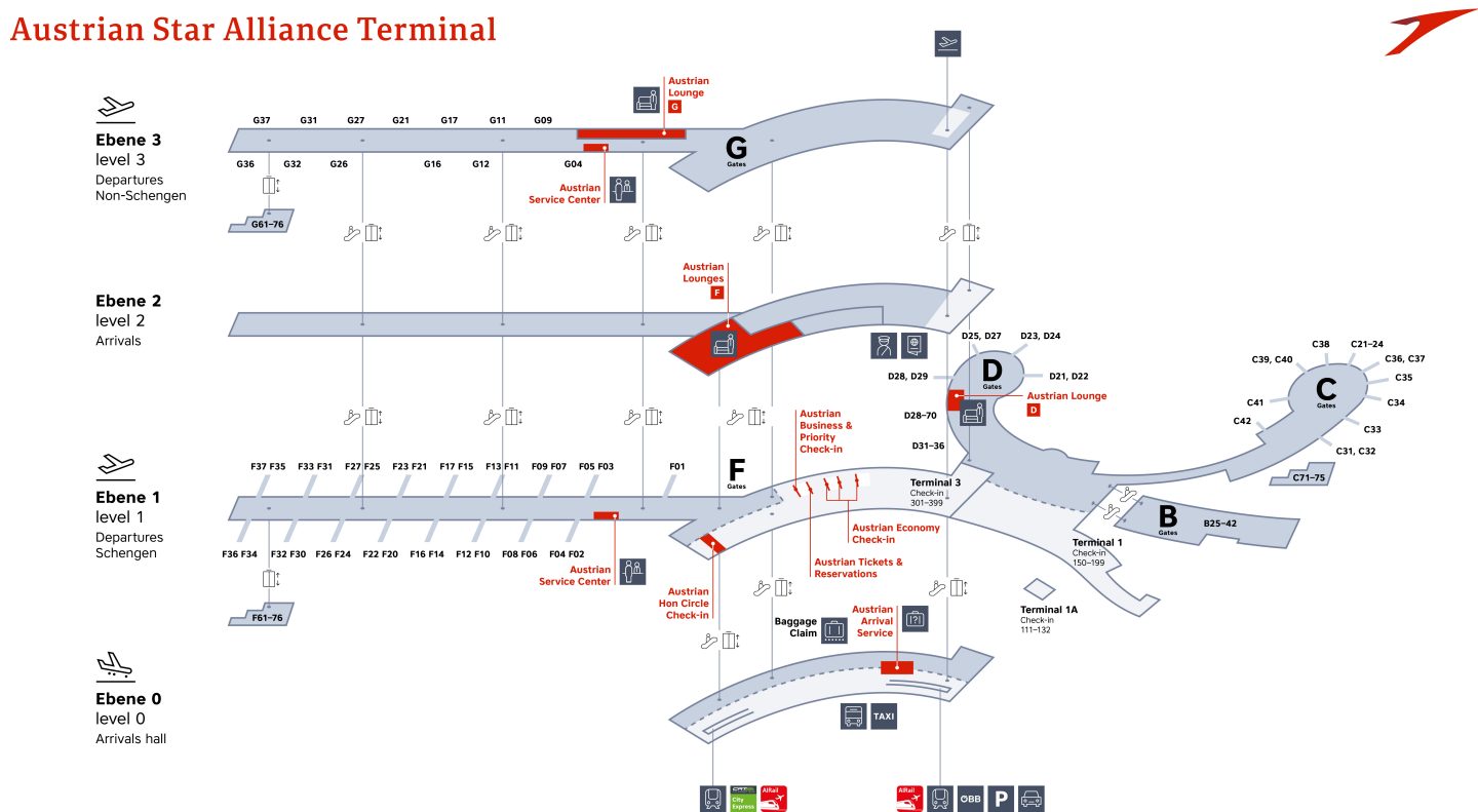 Stylized architectural map showing the layout levels and lounge locations at Vienna Airport.