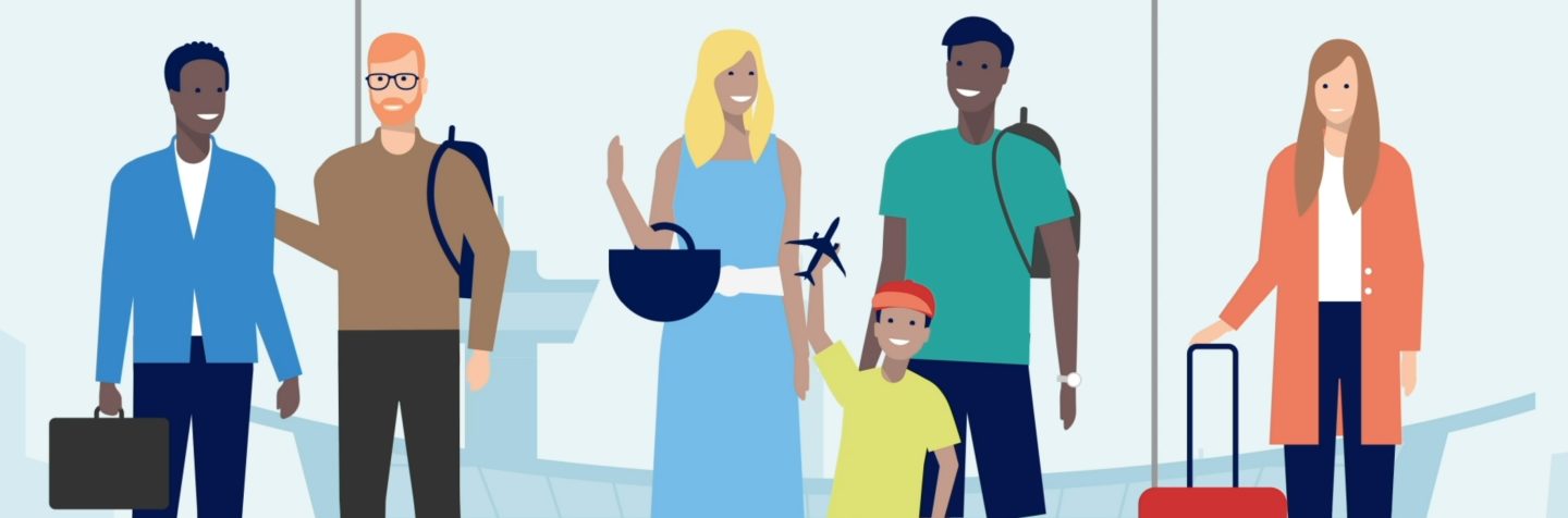 Travelers in an airport, with a toy plane and a suitcase.