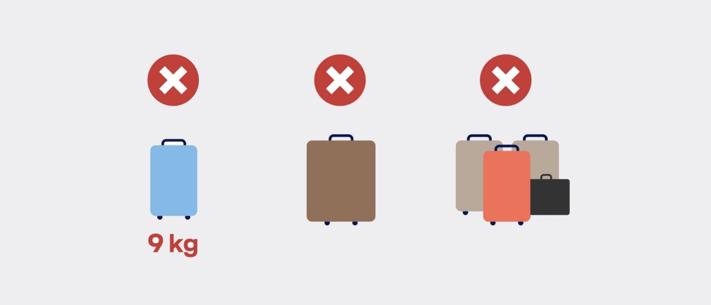 Graphic of a blue 9 kg suitcase approved; other bags crossed out.